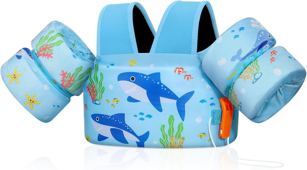 MoKo Toddler Swim Vest for Kids, Swim Arm Floaties 22-66 lbs Boys and Girls Cartoon Swimming Water Wings Pool Float Vests Sleeves Shoulder Straps Arm Band for Children Learn to Swim, Blue Shark