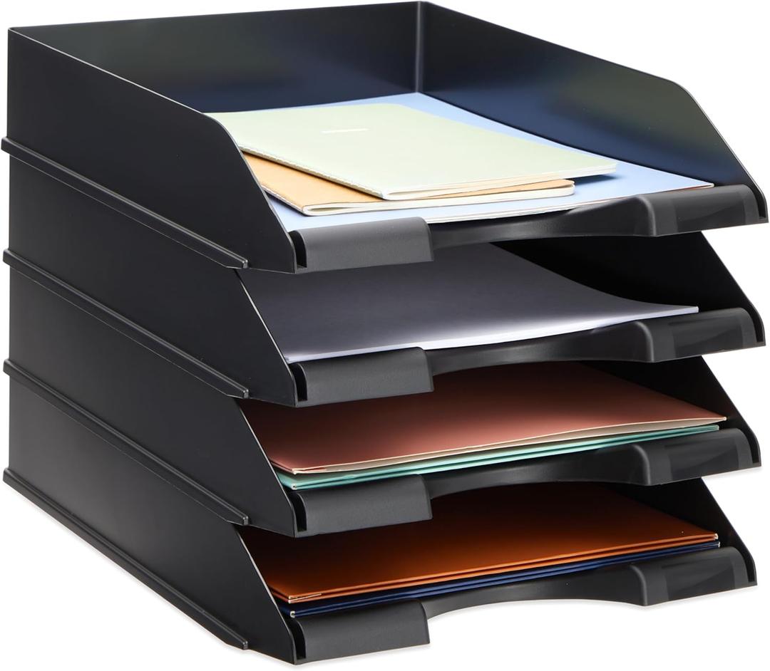 Stockroom Plus 4 Pack Black Stackable Paper Trays for Letter Documents, Desktop File Organizers for Office Supplies, Stackable Desk Tray Holder for Paper Storage (10 x 13.45 x 2.5 in)