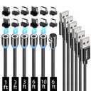 Terasako Magnetic Charging Cable 6-Pack [1ft/3ft/3ft/6ft/6ft/10ft], 3 in 1 Nylon Braided Magnetic Phone Charger, Compatible with Micro USB, Type C, iProduct and Most Devices