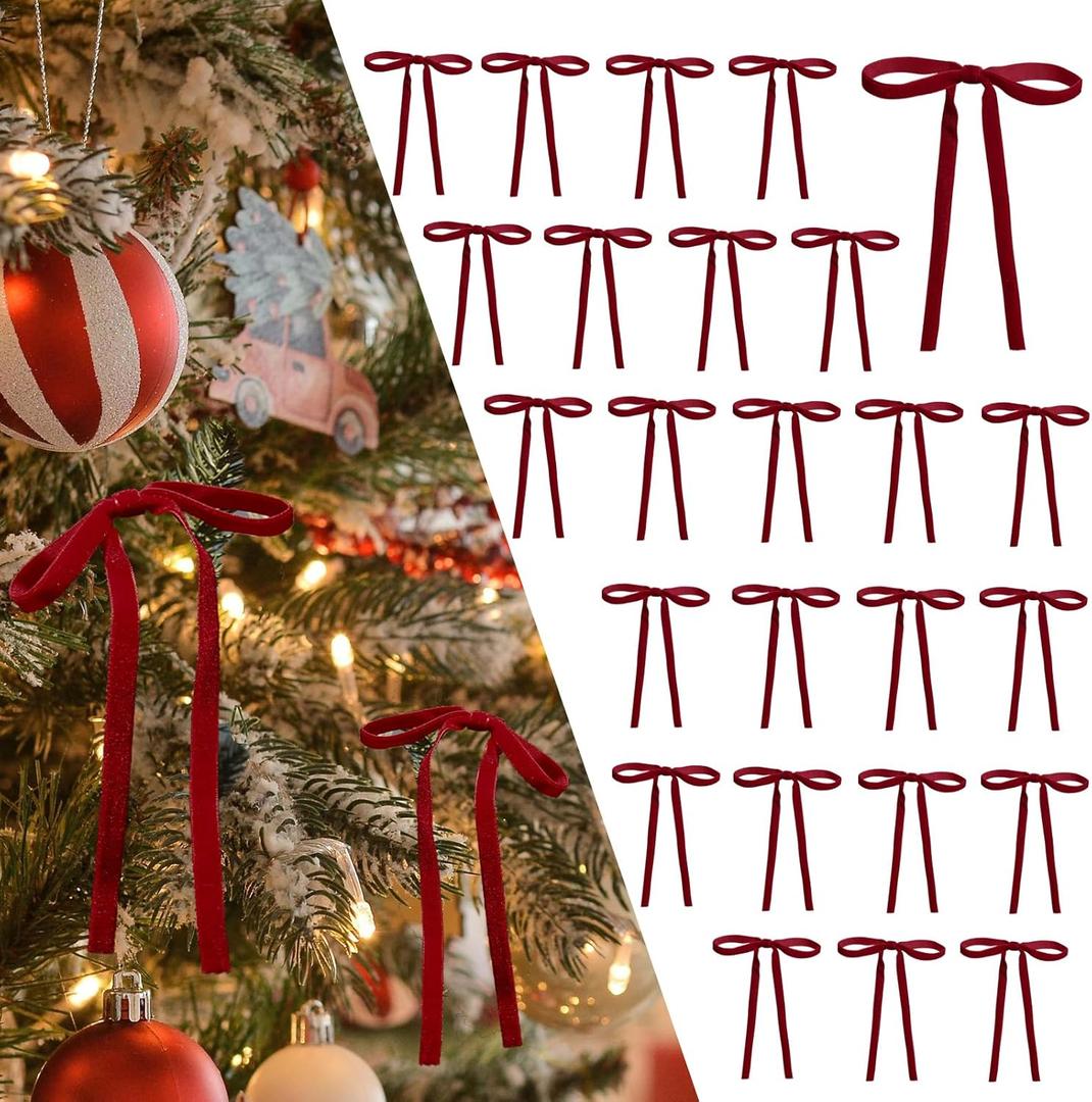 DiliComing Red Velvet Ornaments Christmas Tree Bows - 24 Pcs Red Velvet 5 x 7 Inch Christmas Bows for Gift Wrapping Crafts Holiday Decor for Tree Garland Topper Wedding Party Home Decorations Indoor