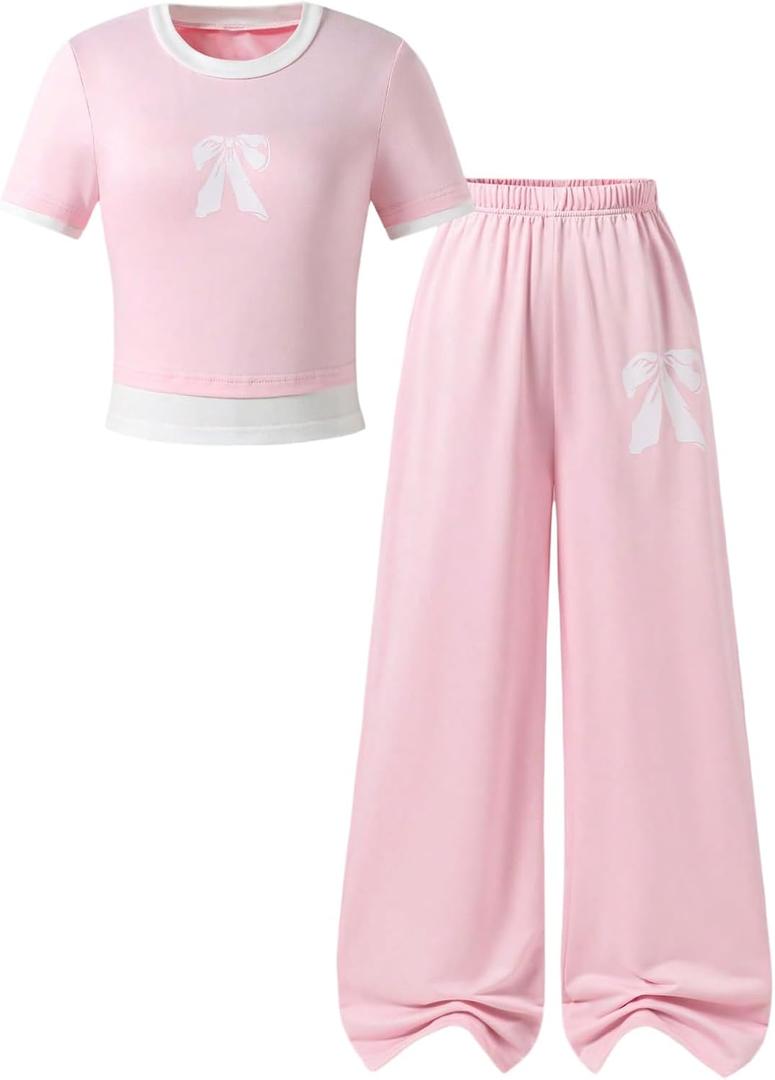 WDIRARA Girl's 2 Piece Cute Outfits Bow Print Short Sleeve T Shirt Crop Top and Baggy Pants Clothing Set Pink 14Y