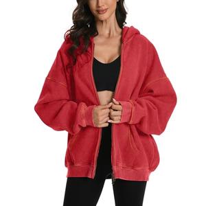 FAIABLE Womens Mens Double Zip Up Hoodie Oversized Acid Wash Heavyweight Hoodies Distress Cotton Fleece Vintage Y2k Full Zipper Couples Sweatshirt Red XL