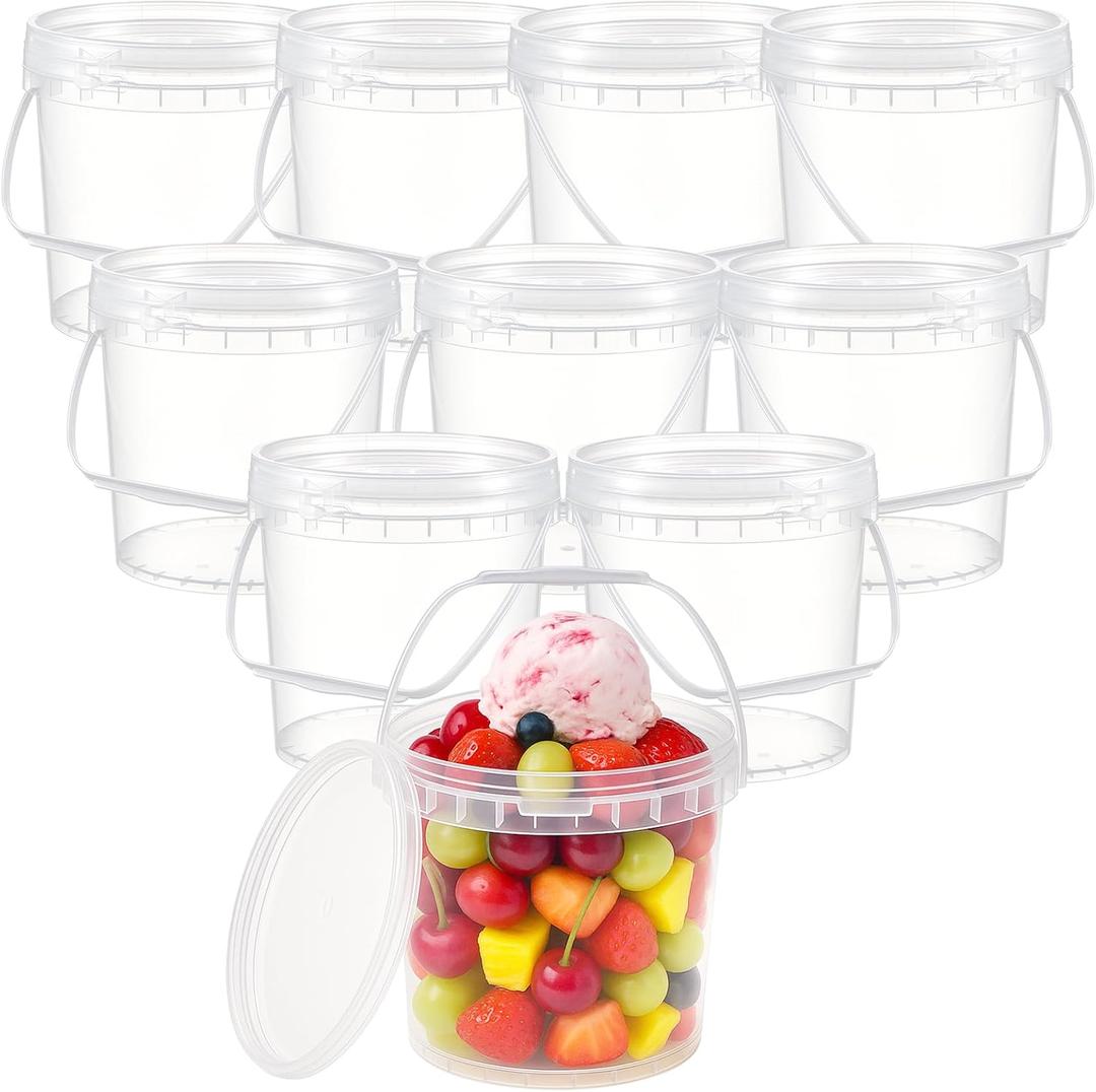 10 Pack 1 Gallon / 128 oz / 3.8 L Clear Plastic Bucket with Handle and Lids Food Storage Containers Freeze Safe Ice Cream Tubs for Deli Kitchen Drinks Home