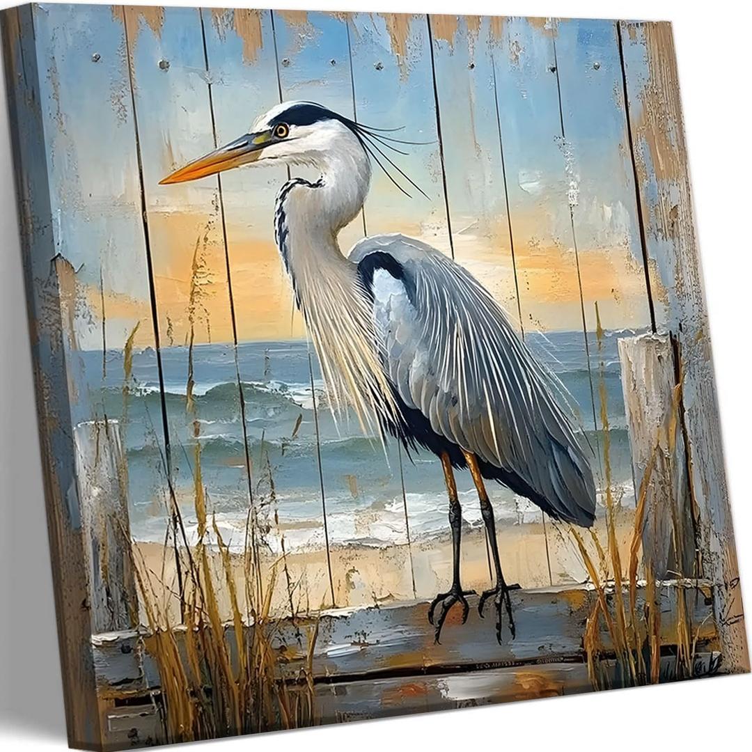 Vintage Heron Canvas Wall Art Tropical Nature Rustic Avian Decor Pictures Louisiana Heron Famous Artwork Posters Prints for Bedroom Living room Home Office Wall Decoration