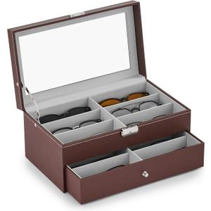 CO-Z Sunglasses Organizer with 12 Slots, Leather Eyeglasses Storage Box for Women Men, 2 Story Lockable Display Case for Multiple Glasses, Sunglasses Jewelry Collection Holder with Drawer, Brown