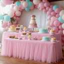 2-Pack Pink 2-in-1 Tulle Tablecloth for 5-Foot Rectangular Table Stretch Fitted Table Skirt & Cover for Baby Shower, Bridal, Birthday, Princess Party