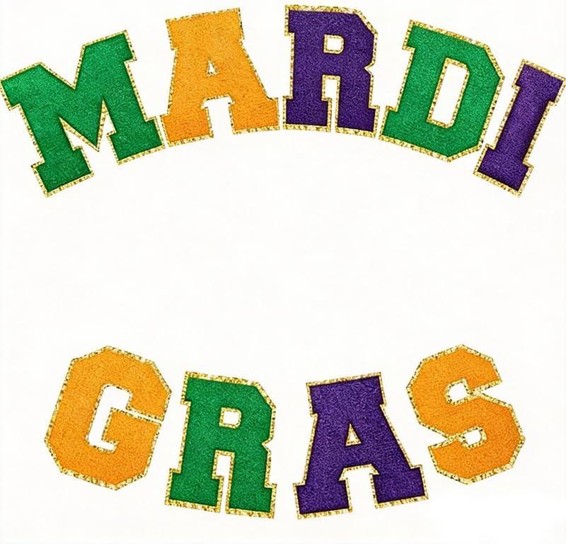 9 Pcs Carnival Iron on Patches,Purple Chenille Letter Patches,Self-Adhesive Embroidered Sewn on Patch with Gold Glitters Border,Iron on Patch for Carnival Clothing Bags Shirts Hat Backpack Jacket, 4 Pack