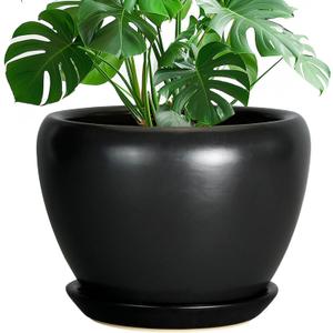 Ceramic Pot for Plants - 10 Inch Plant Pot Indoor with Drainage Hole and Saucer Large Planter Decorative Planter Modern Outdoor Flower Pot for House Balcony Black (Matte Black)