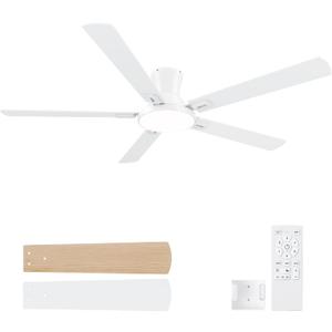 60 Inch White Ceiling Fans with Lights, Flush Mount Ceiling Fan with Remote | Low Profile 5 Blades 10 Inch Lighting Fixture, Quiet Reversible DC Motor for Living Room, Bedroom and Patio