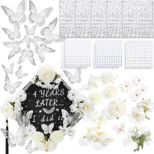Hoteam DIY Graduation Cap Decorations Kit Included Faux Flowers 3D Butterfly Self Adhesive Rhinestones Glitter Alphabet Letter Stickers for 2026 Grad Cap Topper Party Gifts Decor(White)