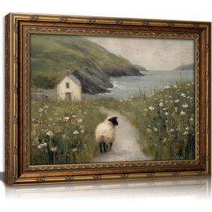 Vintage Gold Framed Sheep Wall Art Ireland Coastal Farmhouse Sheep Wall Decor Seaside Country Landscape Painting Picture Irish Cottage Rustic Print Artwork for Living Room Bedroom Home Decor, 24"L x 16"W