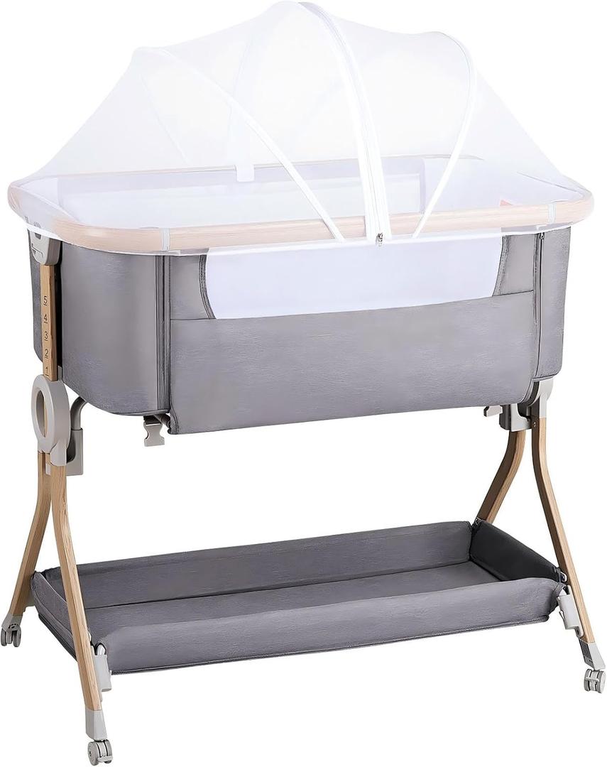 Larex Baby Bassinet Bedside Sleeper Crib Co Sleeper for Newborn Infant Toddler with Mosquito Net, Storage Bag & Basket, 5-Height Adjustable, Movable Wheels, Breathable Mattress & Mesh (Elephant Gray)