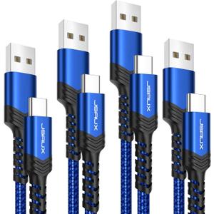 JSAUX USB C Cable 4-Pack [10ft+6.6ft+3.3ft+3.3ft], USB A to Type C Fasting Charging Cord Compatible with iPhone 16/16 Pro/16 Pro Max/15, Samsung Galaxy S24 S23 S22 Note 20 10 Blue