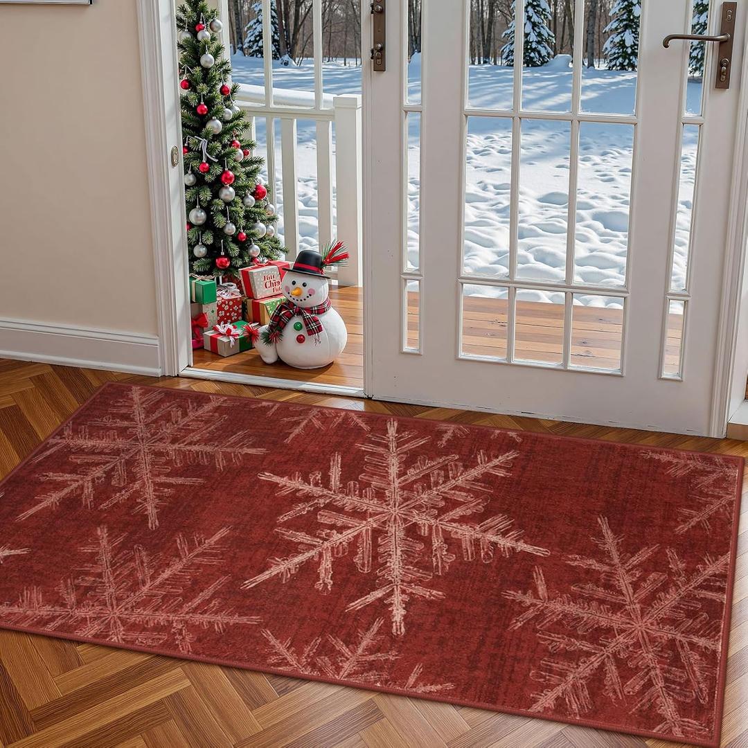 Lahome Snowflake Christmas Area Rug, 2x4 Washable Christmas Kitchen Rugs for Entryway Soft Doormat Indoor, Small Red Rug Non-Slip Holiday Decor Entryway Rugs for Bathroom Bedroom(2x4ft,Red)