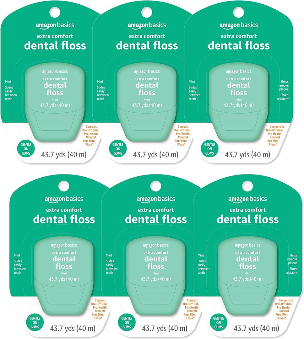 Amazon Basics Extra Comfort Mint Dental Floss, Shred Resistant, Slides Easily Between Teeth, 40 M, 6-Pack