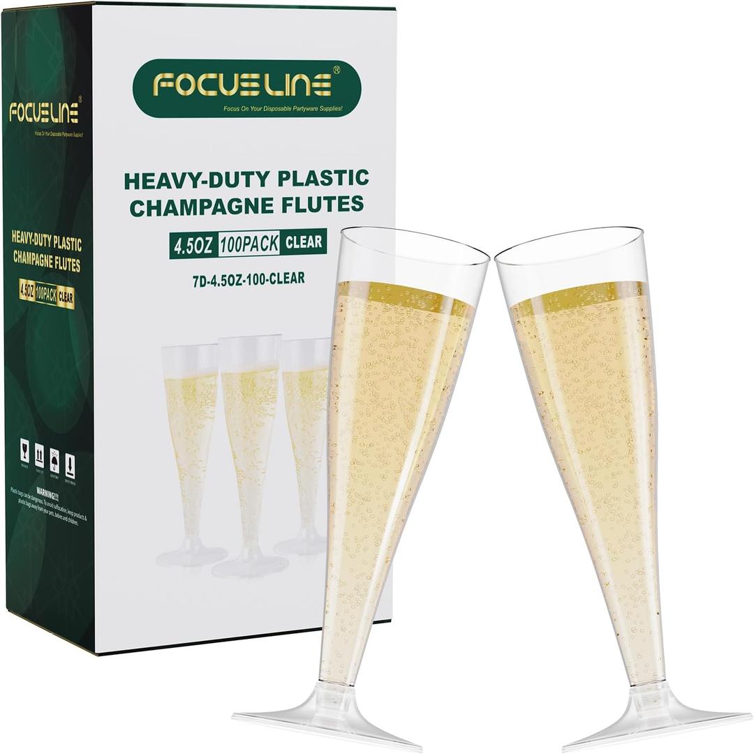 FOCUSLINE 100 Pack 4.5 Oz Plastic Champagne Flutes, Clear Plastic Champagne Glasses, Disposable Toasting Glasses Recyclable Cups for Wedding Party