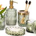 EMPO 6PCS Bathroom Clear Glass Accessories Set (Lotion Soap Dispenser, Soap Dish, Toothbrush Holder, Tumbler, Cotton Swab Jar), Contemporary Modern Decor Crystal Vintage Gift (6pcs Green)