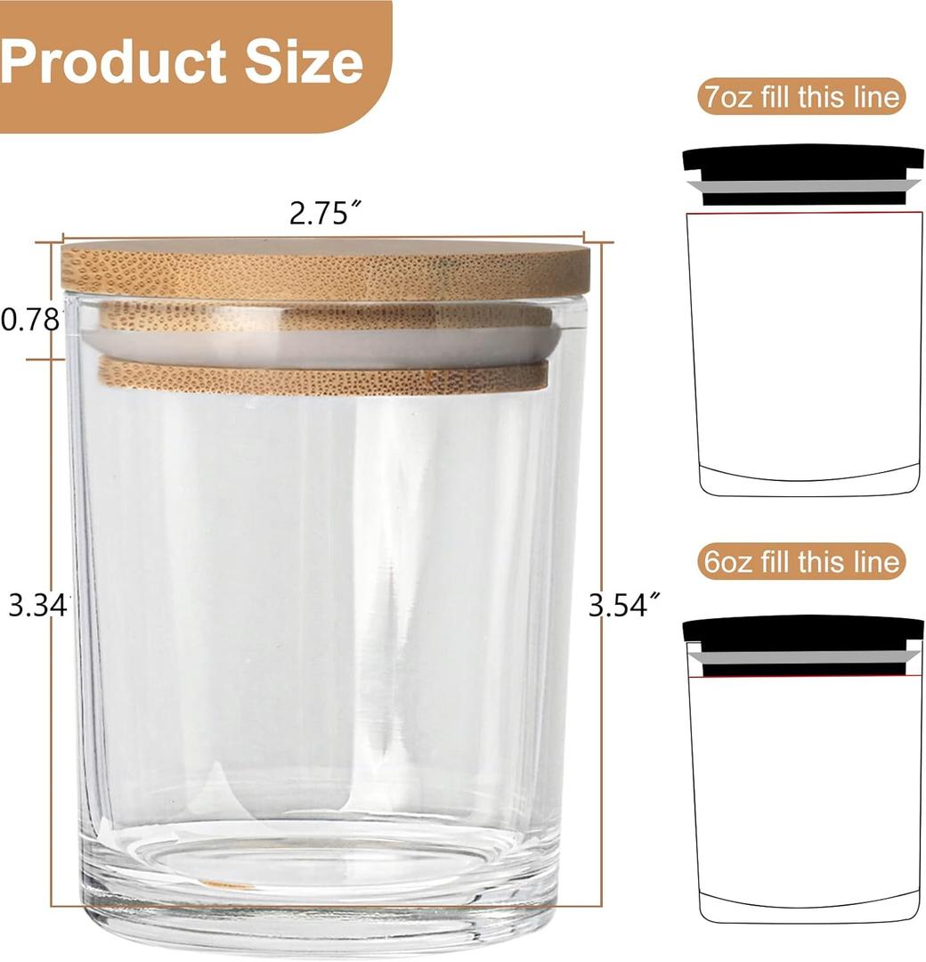 CONNOO 4 Pack, 7 OZ Clear Candle Jars with Bamboo Lids, Thick Glass Empty Jars for Making Candles - Dishwasher Safe, in Bulk.