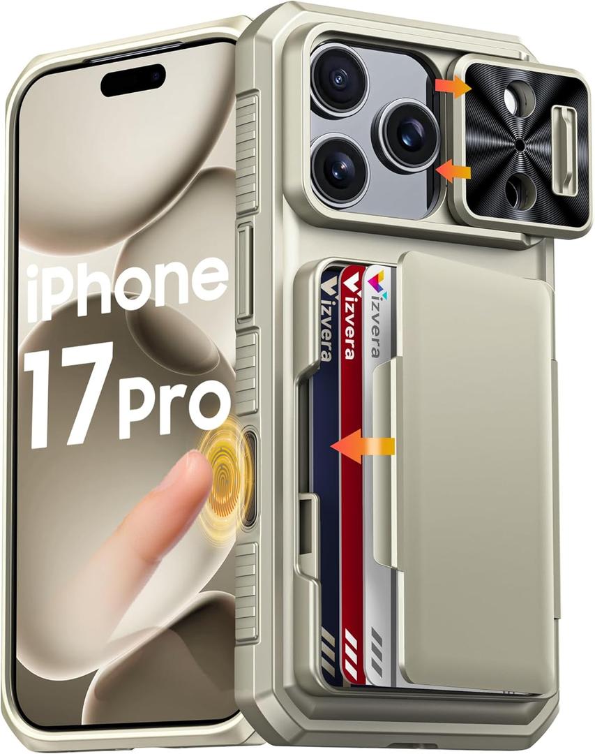 Vizvera for iPhone 17 Pro Case Wallet RFlD [Cards Holder][Camera Control][Camera Cover] Full Body Rugged Shockproof Silicone Protective Phone Case for iPhone 17 Pro(Natural Titanium)