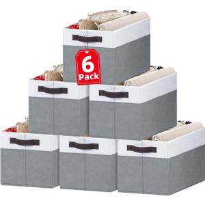 Criusia Closet Organizers and Storage Baskets - 6 Pack Shelf Organizer Bins with Handles - Clothes Storage Bins for Bedroom Nursery Home Closet Organization - Blanket Toy Storage Organizer (White with Grey)