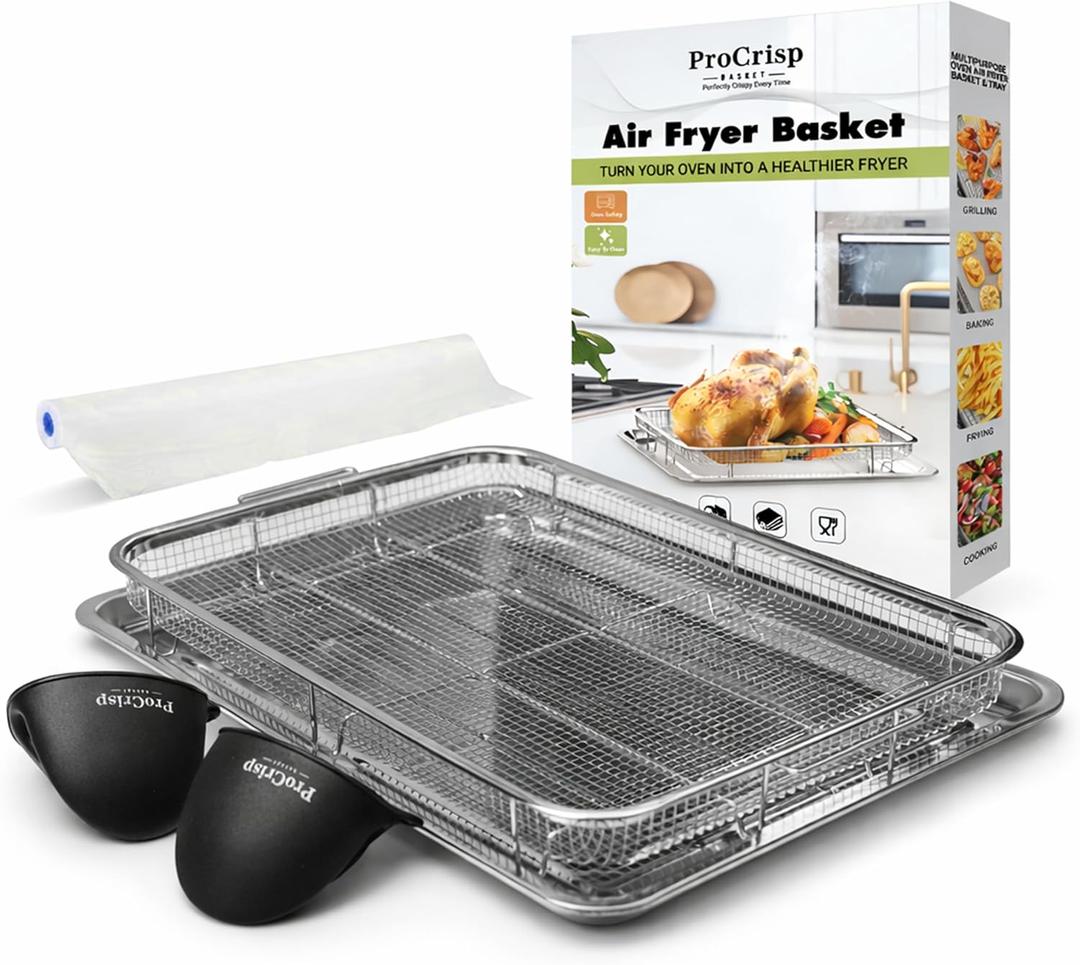 Air Fryer Basket for Oven, Stainless Steel Air Fryer Tray for Oven with Mini Silicon Mitts & Parchment Papers, Oil-Free Healthy Cooking & Baking, Dishwasher Safe