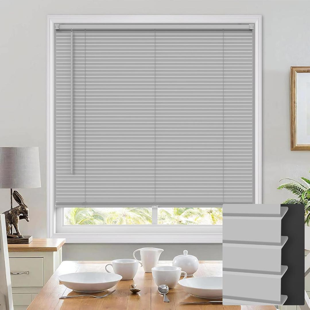 100% Privacy Cordless Mini Blinds for Indoor Windows 1" Vinyl L-Shaped Blades Horizontal Blinds & Shades, Pull Down Small Window Blinds for Home Kitchen, for Window 44" W  48" H Grey