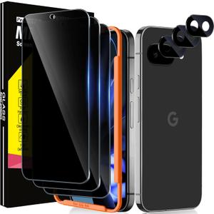 Milomdoi 3 Pack Privacy Screen Protector for Google Pixel 9A Tempered Glass with 3 Pack Camera Lens Protector, Ultra 9H Accessories [Support Fingerprint Unlock] Case Friendly, Black (6.3 Inch)