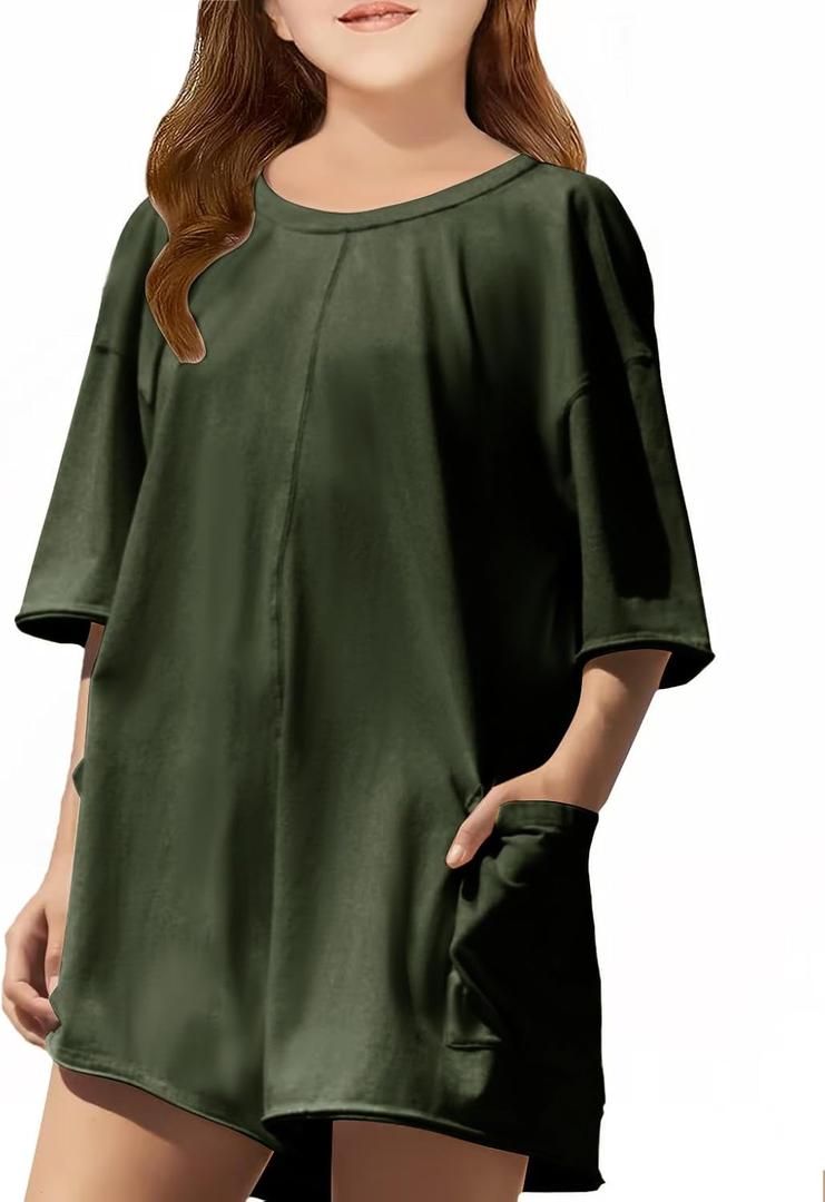 CharmWM Girls Summer Casual Romper Short Sleeve Oversized Jumpsuit Kids Shorts Teens Fashion Cothes (5-6 Years, Army Green)