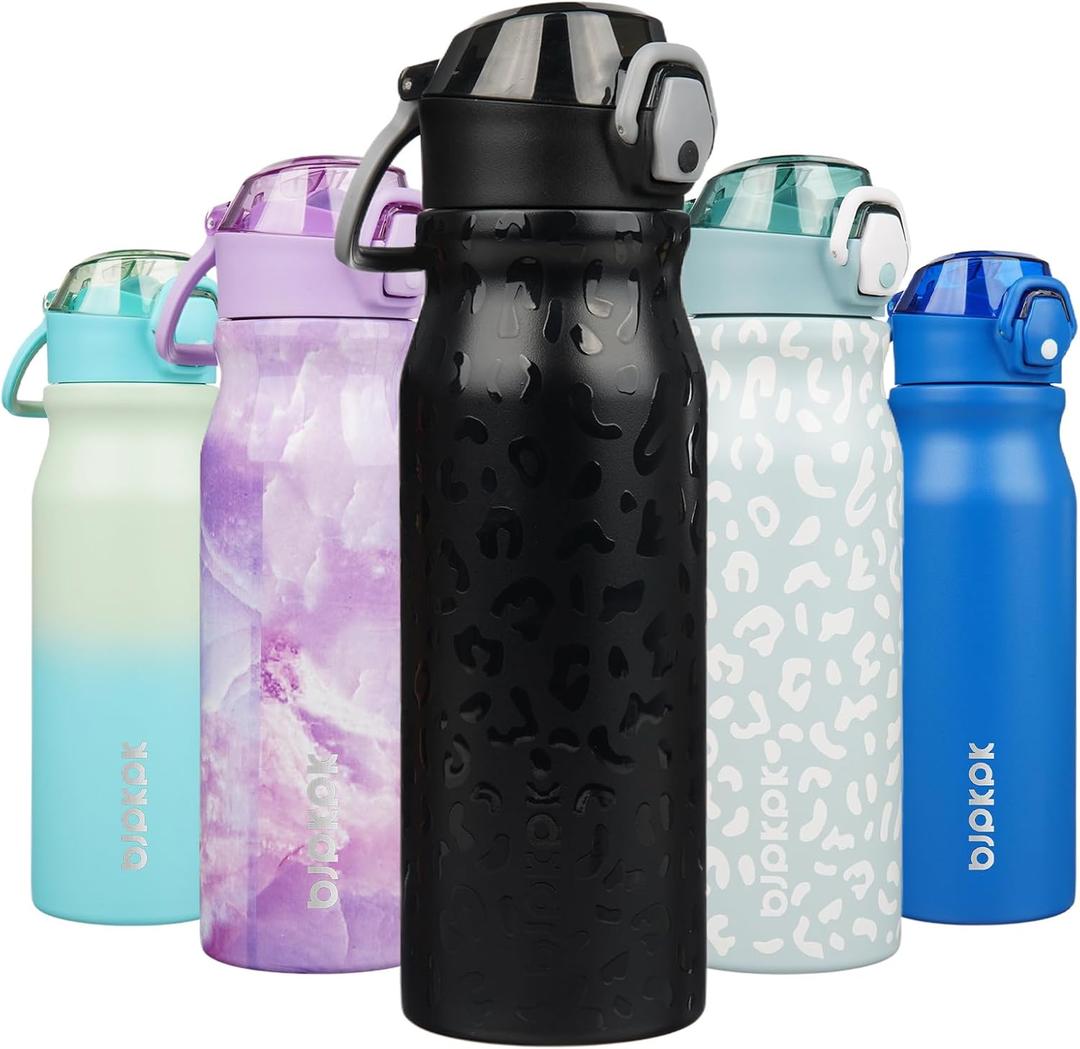 BJPKPK 25oz Insulated Water Bottle With Straw Stainless Steel Double Wall Water Bottles BPA Free Leak Proof Thermos With Lockable Flip Lid And Soft Silicone Spout,Black Leopard