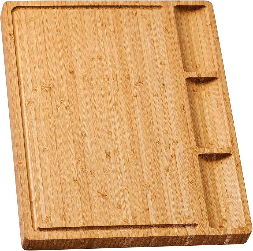 Large Bamboo Wood Cutting Board for Kitchen, Cheese Charcuterie Board with 3 Built-in Compartments and Juice Grooves, Butcher Block (17x12.6")