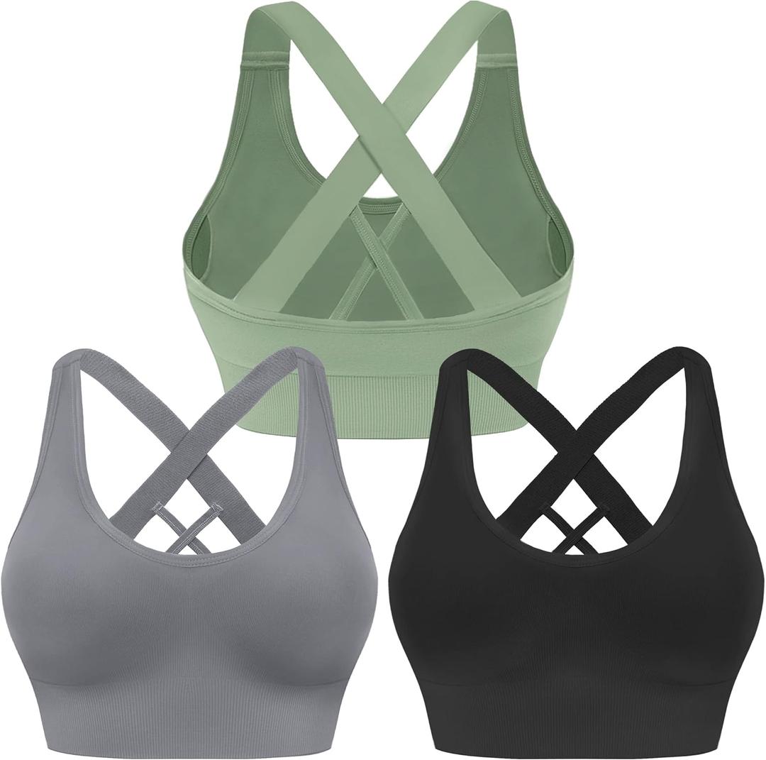 Evercute Sports Bras for Women Padded Medium Support Criss Cross Strappy Bra Seamless High Impact Yoga Exercise Athletic Bras (Black Gray Green 3 Pack, L)