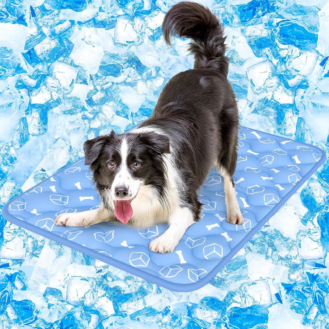 Rywell Dog Cooling Mat 2.0, 36 * 27 Thicken Cooling Mat for Large Dog, Internal Waterproof& Endothermic Color Changing Arc-Chill Cool Fiber(QMAX>0.5) for Pet in Summer, Washable, Non-Toxic (Blue)