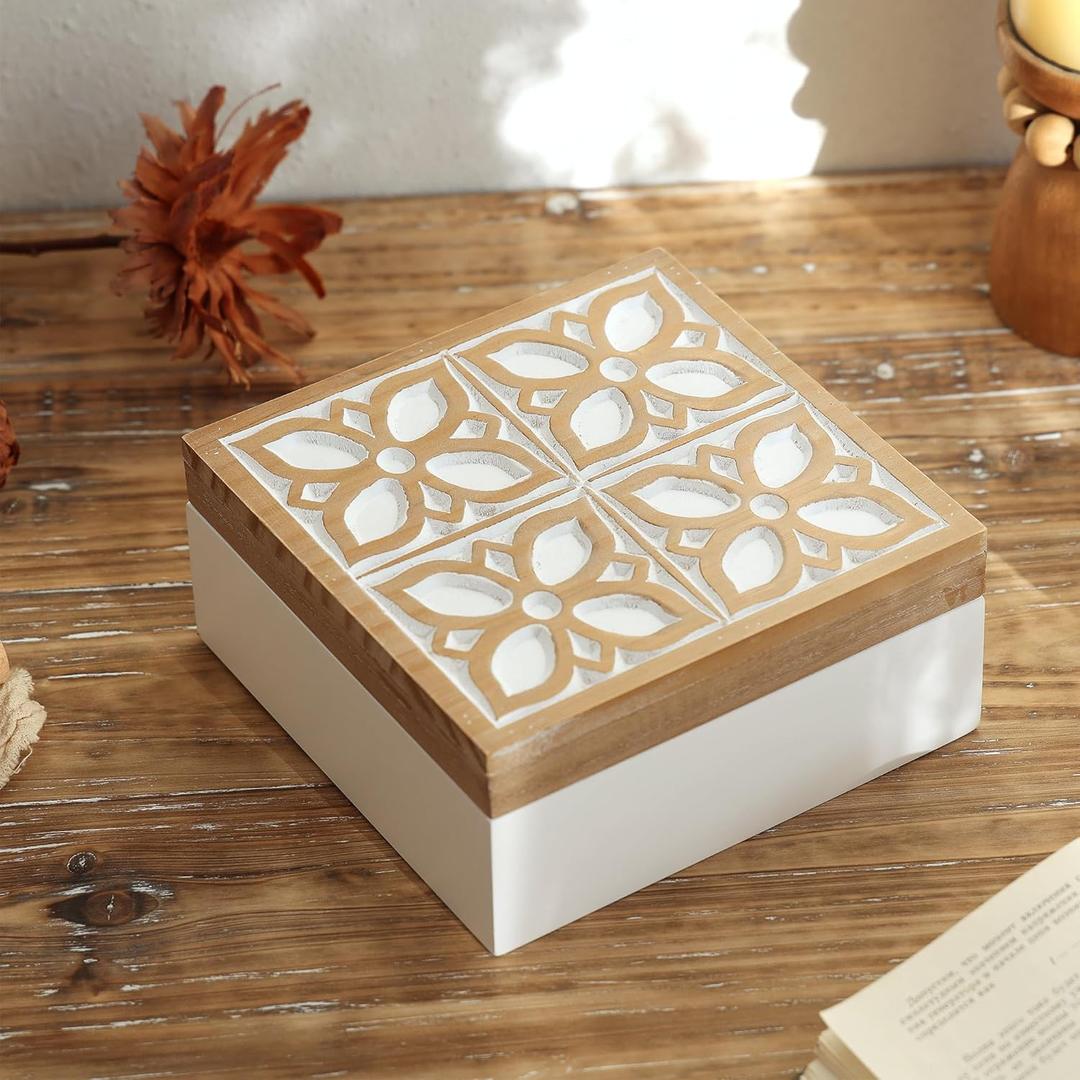 Small Wooden Keepsake Box - Decorative Handmade Rustic Trinket Boxes with Hinged Lid, Flower Carved Design, 7.1" x 7.1" x 3.2"