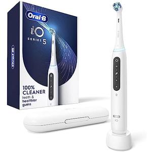 Oral-B iO Series 5 Rechargeable Electric Toothbrush with Visible Pressure Sensor to Protect Gums, 2 Minute Timer, 5 Cleaning Settings, 1 Replacement Toothbrush Heads, and Travel Case, White