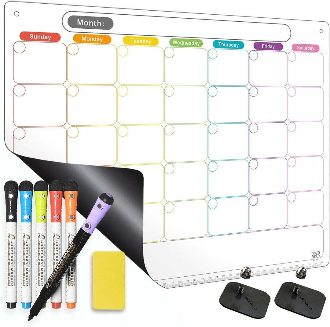 Mag-Fancy Dry Erase Calendar Kit- Magnetic Calendar for Refrigerator - Monthly Fridge Calendar Whiteboard with Extra-Thick Magnet Included Fine Point Marker & Eraser & Holes for Wall Hanging