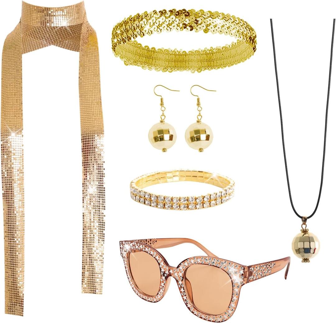 6 Pcs 70s Women Disco Accessories Disco Costume Disco Sequin Scarf Headband Diamond Bracelet Ball Necklace Earring Glasses (Gold)