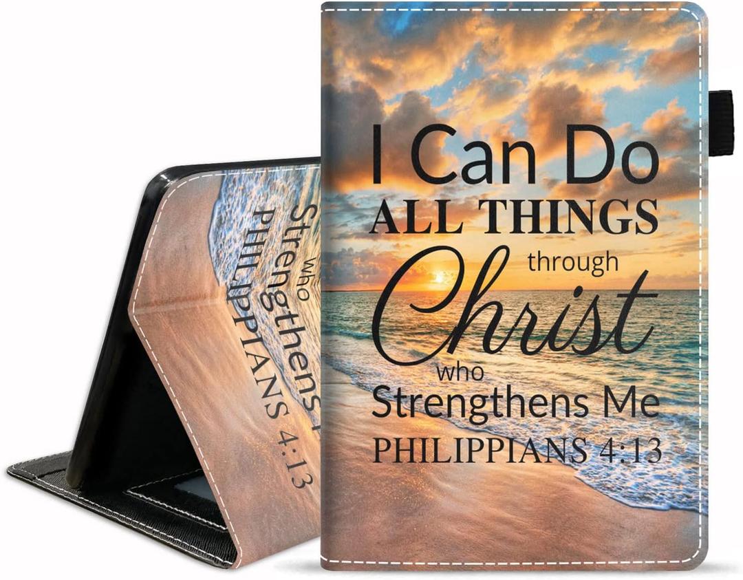 Case for All-New Amazon Kindle Fire 7 Tablet (7 inch Display 12th Generation, 2022 Release), Premium PU Leather Cover with Card Slot & Pencil Holder, Bible Verse Philippians 4-13