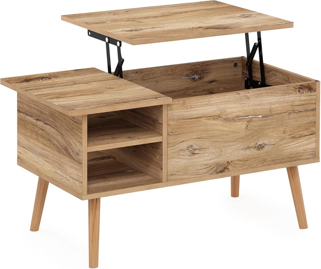 Furinno Jensen Living Room Wooden Leg Lift Top Coffee Table with Hidden Compartment and Side Open Storage Shelf, Flagstaff Oak
