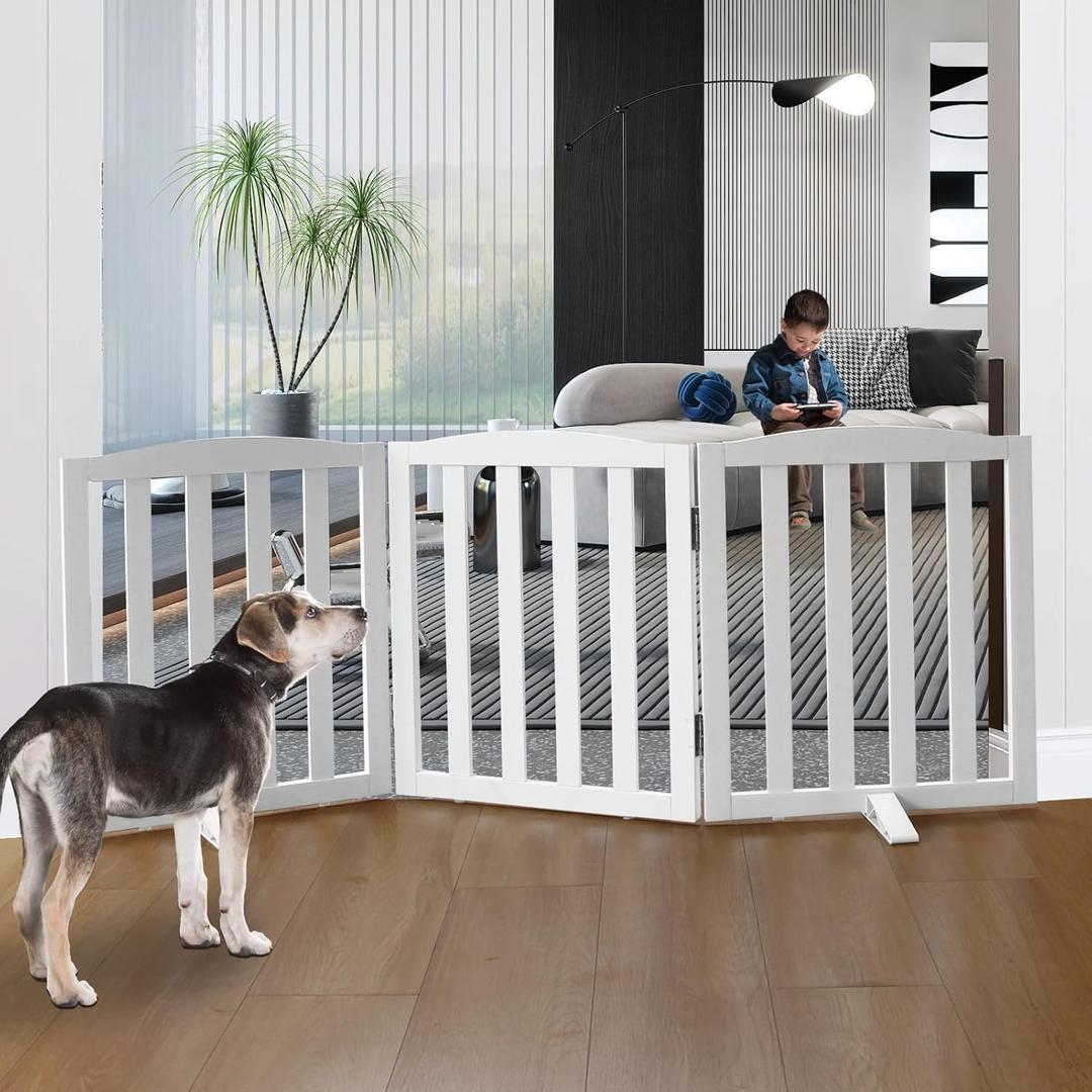Freestanding Dog Gate Indoor,Doggie Gate Foldable Dog Gates for Doorways,Stairs or Hallways, Wooden White Pet Gate for The House, Pet Fence with Support Feet Included,24 "Height-3 Panels