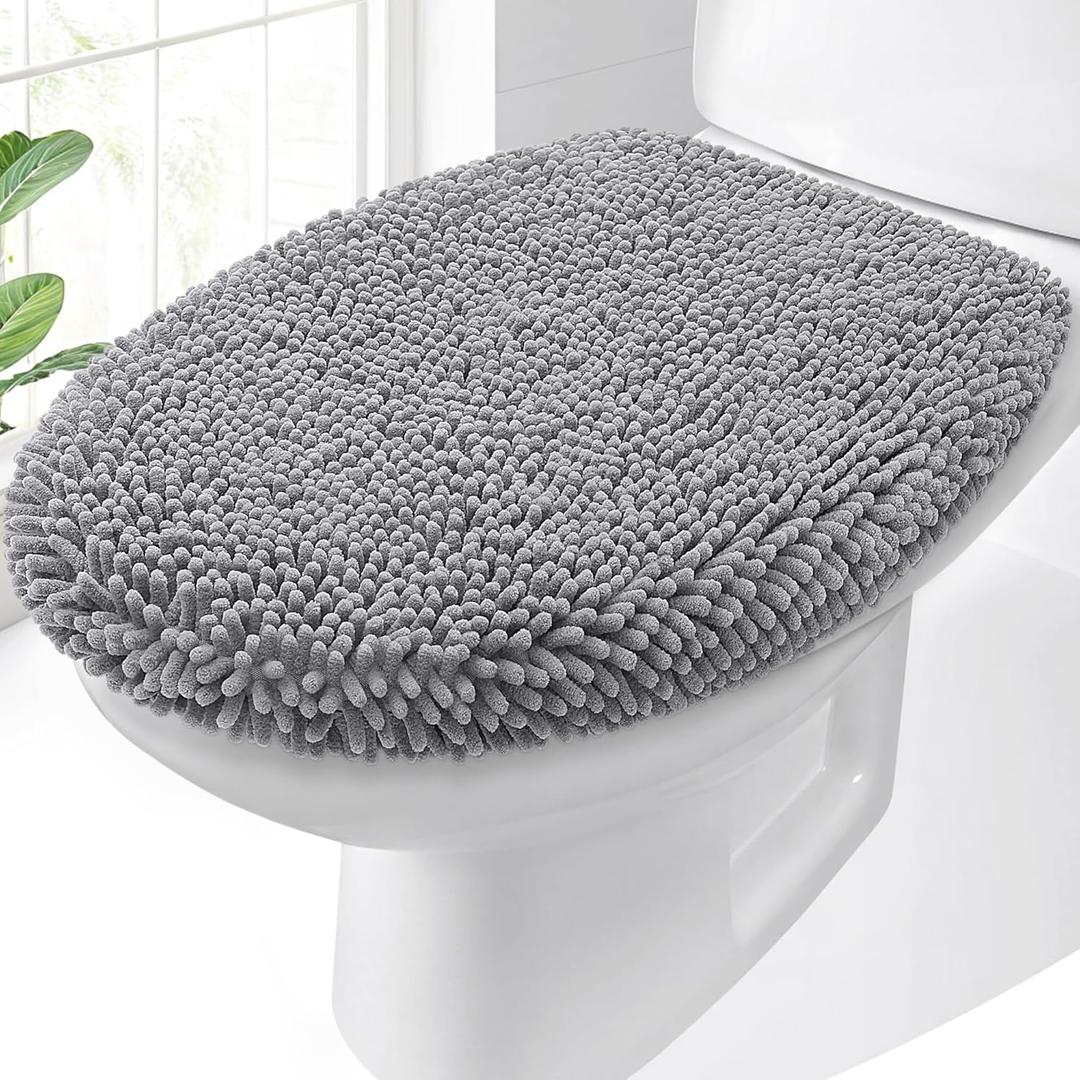 OLANLY Soft Chenille Bathroom Toilet Lid Cover, Machine Washable Seat Covers, 17.5x15, Stays in Place Rubber Backing, Fits Most Round, Elongated and Oblong Lids, Accessories Decor, Gray