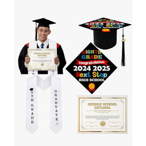 JaGely 3 Pcs 8th Grade Graduation Set Class of 2025 Graduation Cap and Stole Sash with Diploma Certificates Set for Middle School Students Supplies Teachers Parents Gifts