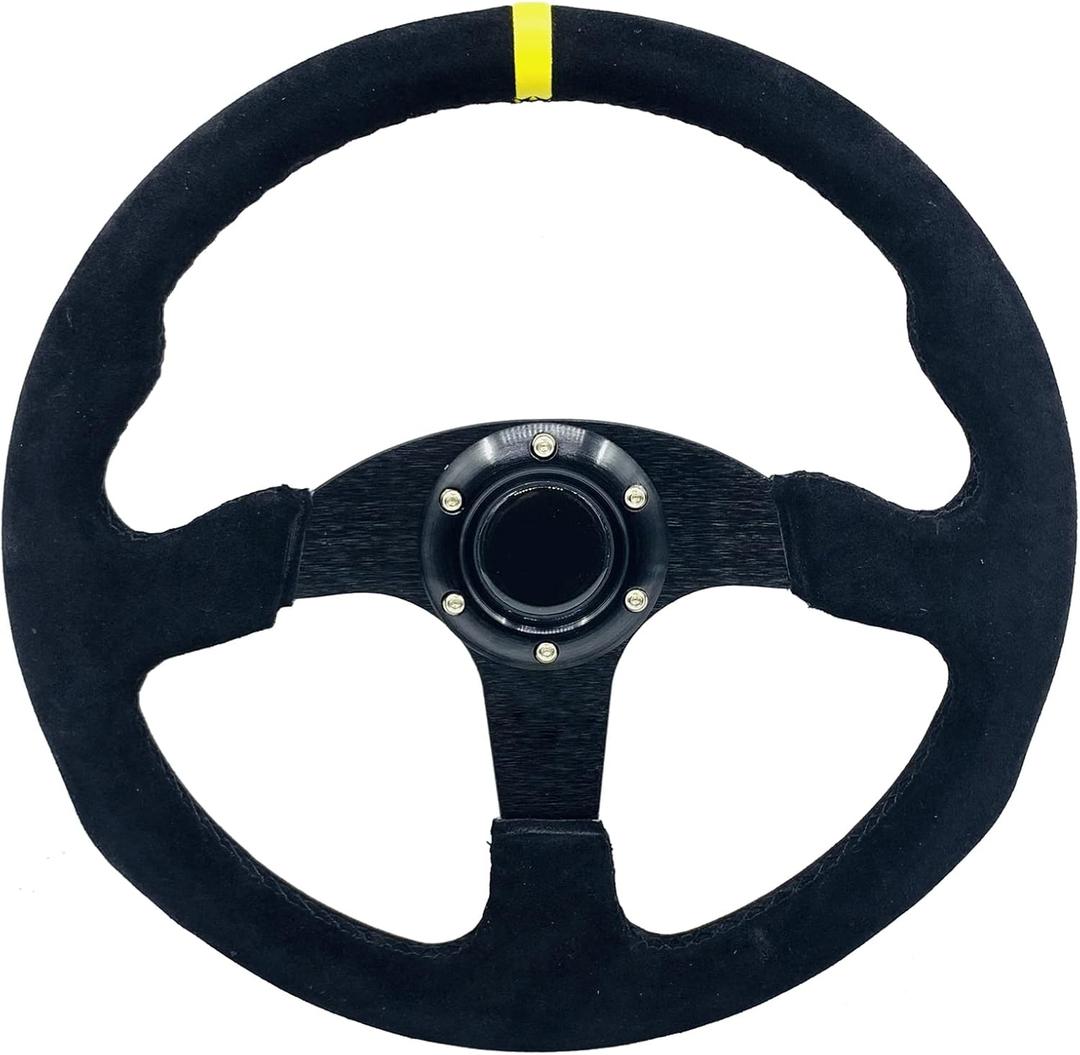 13.8Suede Leather Racing Steering Wheel Flat Drifting Universal Sports Steering Wheel with Horn Button for Car Sim Driving