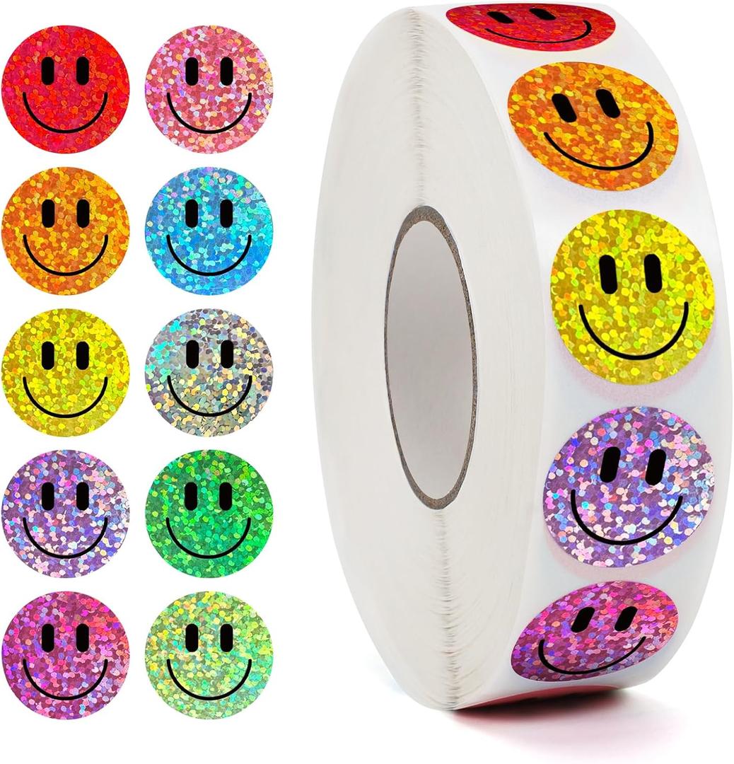 2000PCS Smiling Glitter Stickers, 1inch, 10 Colored Sparkly Foil Happy Stickers, Rewarding Student Behaviour, School Classroom Teacher