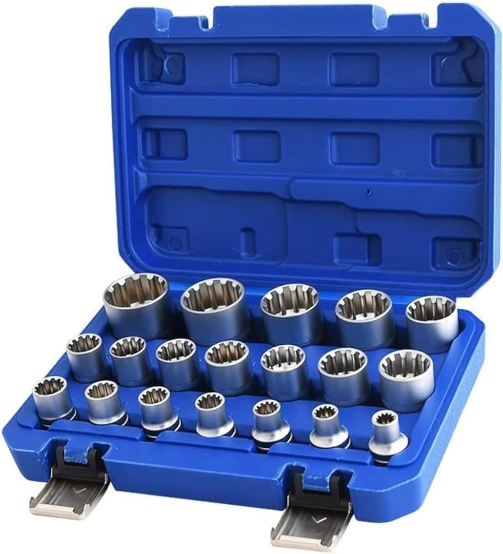 Qnkaa Spline Socket Set 1/2" Drive Universal Metric 8-32mm 12-point Cr-V Socket Set 19pcs