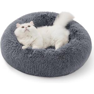 Bedsure Calming Donut Cat Bed - Fluffy Plush Round Pet Bed for Kitten & Puppy, Washable Anti-Anxiety Soft Comfy Cuddler, 20x20 Inches, Grey (Basic Version)