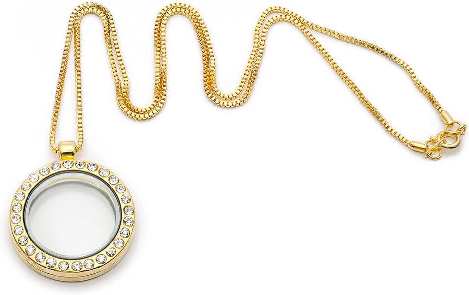 RUBYCA Living Memory Floating Charm Round Glass Locket Pendant Necklace 20 Inches 1pcs Gold Tone White Crystal