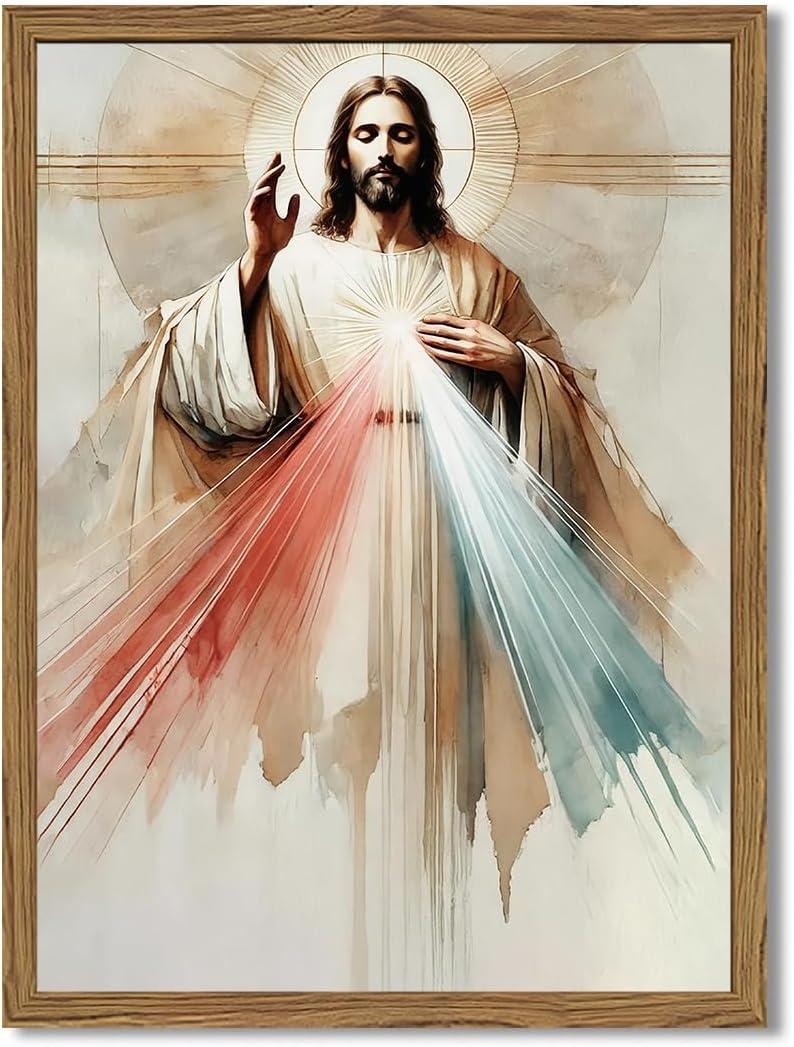 Framed Sacred Heart of Jesus Wall Art, Christ Divine Mercy Picture Wall Decor Paintings, Christian Canvas Prints Religious Home Decor for Living Room Dining Room Bedroom Prayer Room Church 16x24 inch