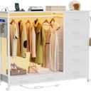 Dresser with Hanging Rack, Dresser for Bedroom with Led Lights and Charging Station, 7 Drawers Storage Chest with Hooks and Clothes Rack, Nursery White