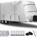 FRUNO Oxford Fabric Travel Trailer Cover RV Cover 24'-27' Waterproof Rip-Resistant Anti-UV Camper Cover for Winter Snow with Jack Cover 4 Tire Covers and Gutter Covers