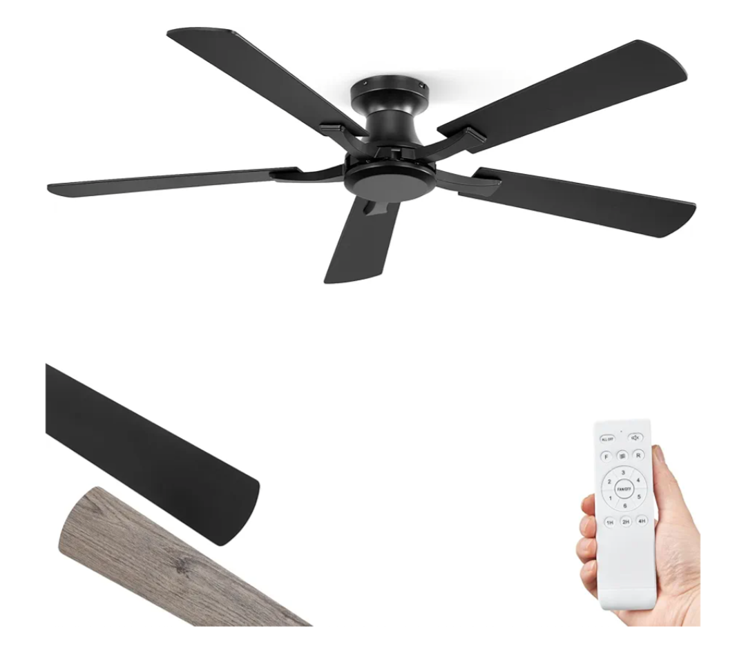 ZMISHIBO 52 Inch Ceiling Fan No Light, Flush Mount Low Profile, Modern Black Ceiling Fan Without Light, Remote Control & Quiet DC Motor, for Indoor&Outdoor, Bedroom, Living Room